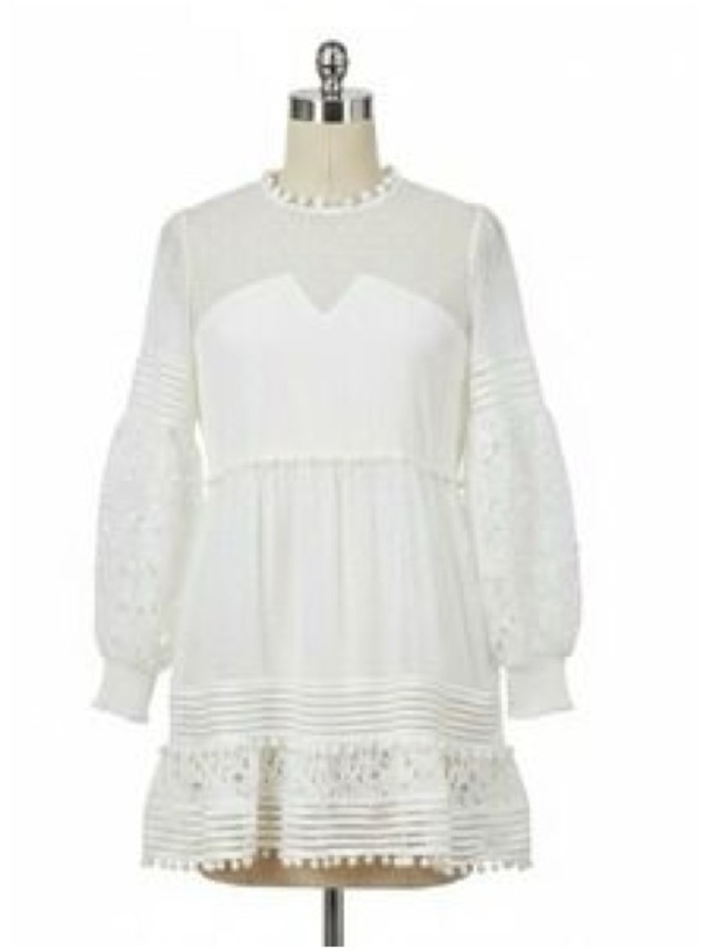 Hesperus White Lace Mini Dress Boho Pom Pom Swiss Dot Long Sleeve Women’s Medium